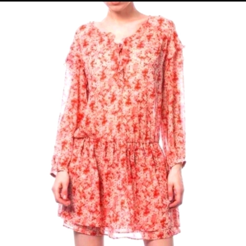 ZARA Orange Floral Drop Waist Ruffle Lightweight Boho Dress S Cottagecore